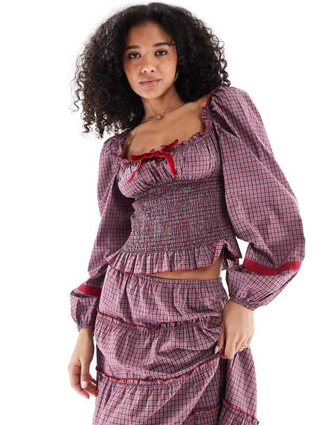 Daisy Street scoop neckline long sleeve shirred bodice blouse in red check co-ord - view 1