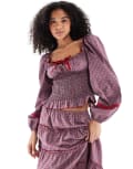 [Daisy Street] Daisy Street scoop neckline long sleeve shirred bodice blouse in red check (Part of a set) 8 Red check