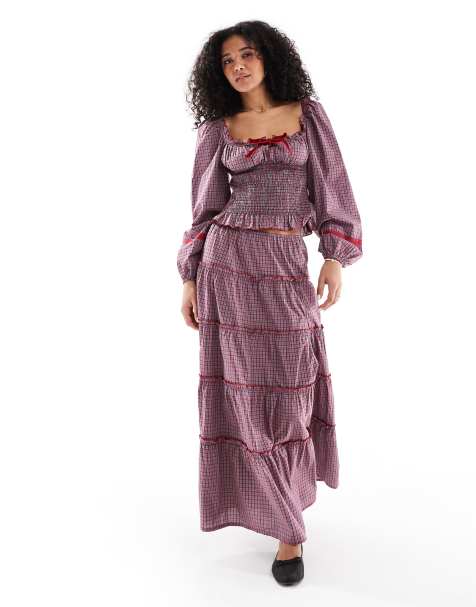 Daisy Street scoop neckline long sleeve shirred bodice blouse & low rise tiered maxi skirt set in red check - view 1