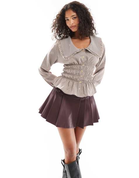 Daisy Street shirred blouse with ruffle collar in burgundy check - view 1