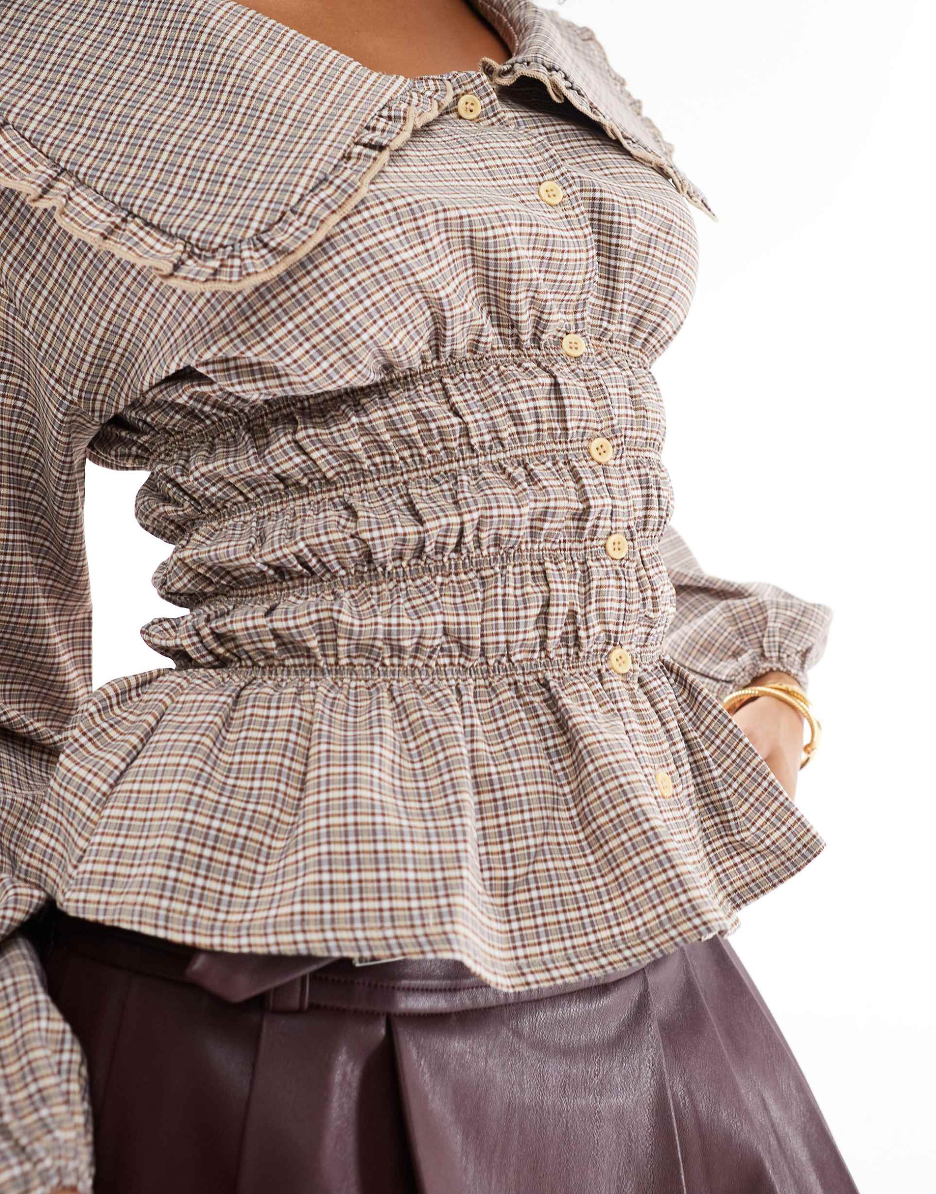 daisy street shirred blouse with ruffle collar in burgundy check