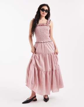 shirred bodice and ruffle straps maxi dress in pink stripes