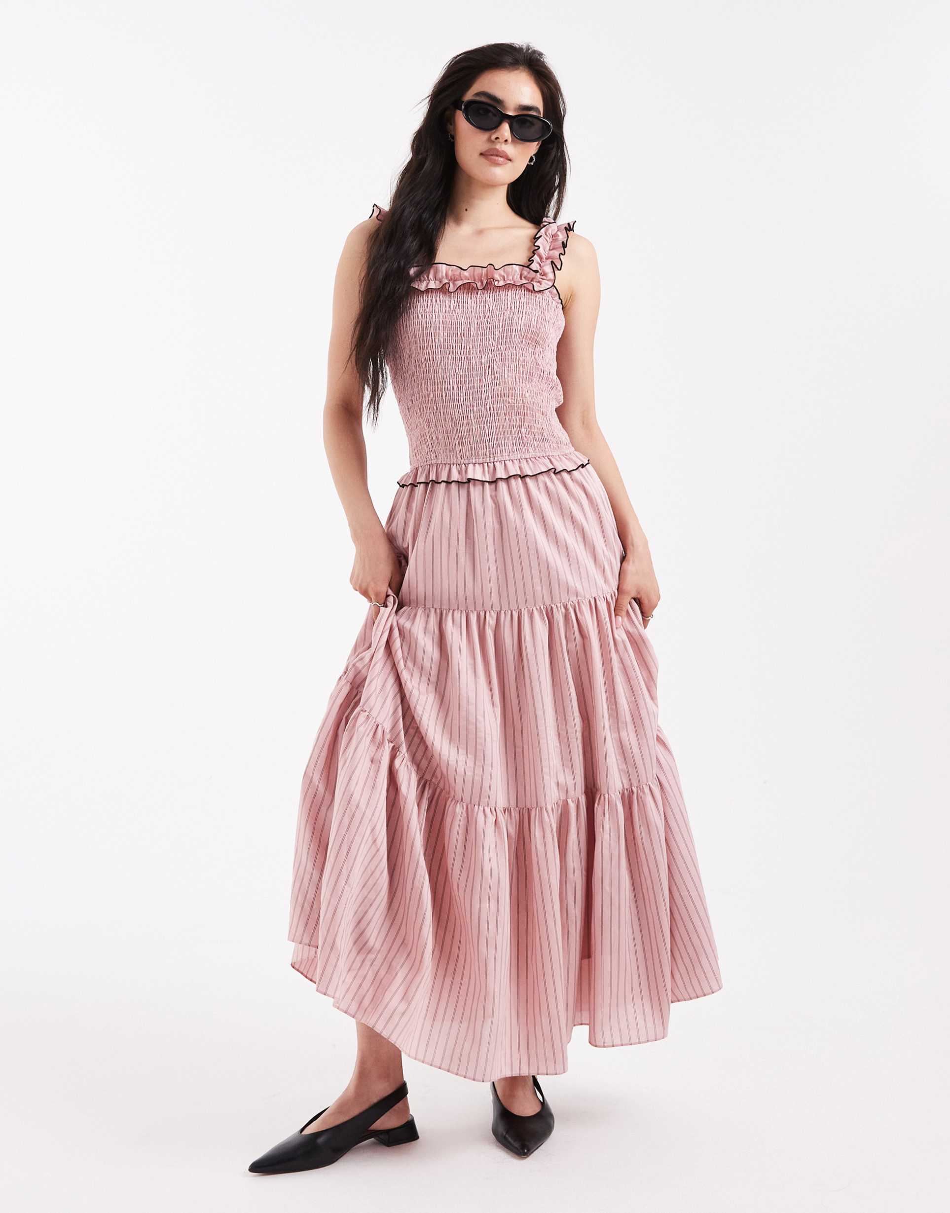 daisy street shirred bodice and ruffle straps maxi dress in pink stripes