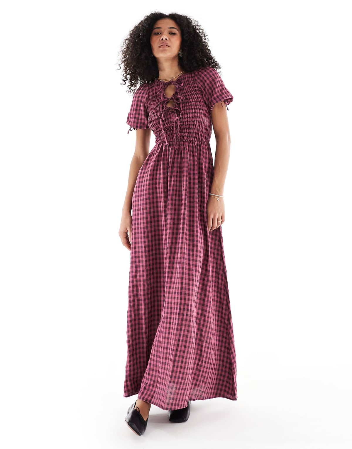 Daisy Street shirred bodice front tie detail maxi dress in red check