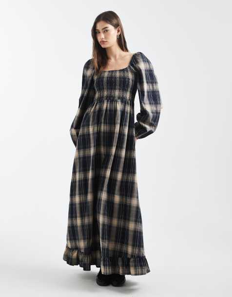 Daisy Street shirred bodice long sleeve maxi dress in navy brown check - view 1