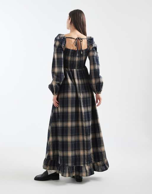 Daisy Street shirred bodice long sleeve maxi dress in navy brown check, 2 of 4