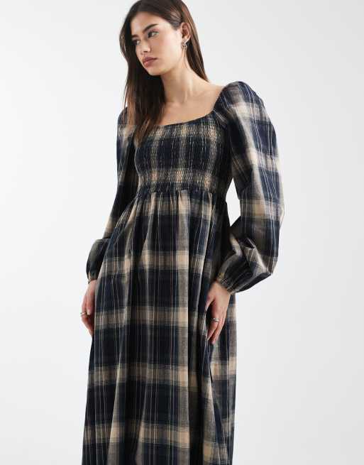 Daisy Street shirred bodice long sleeve maxi dress in navy brown check, 3 of 4