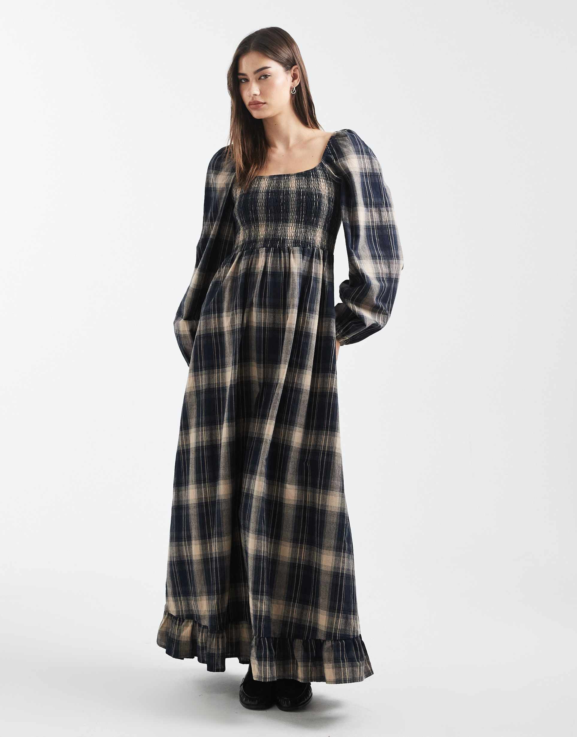 daisy street shirred bodice long sleeve maxi dress in navy brown plaid