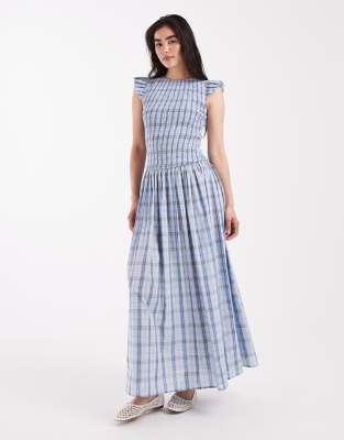 shirred bodice maxi dress with ruffle sleeve in blue check