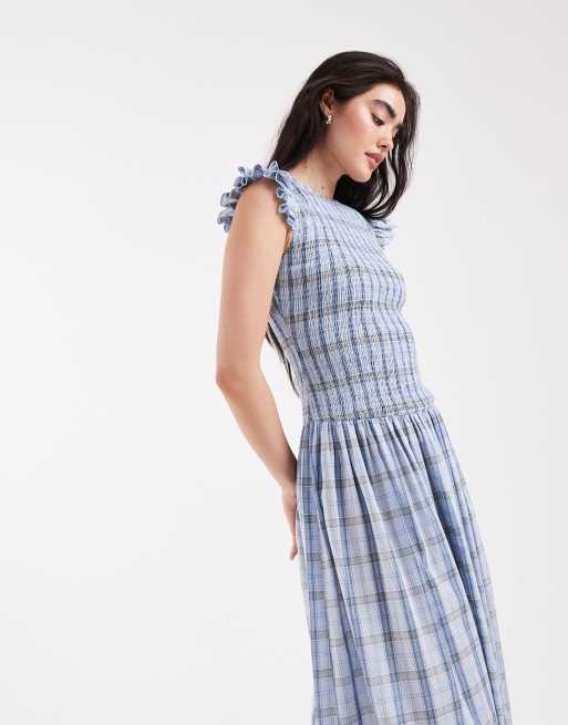 Daisy Street shirred bodice maxi dress with ruffle sleeve in blue check