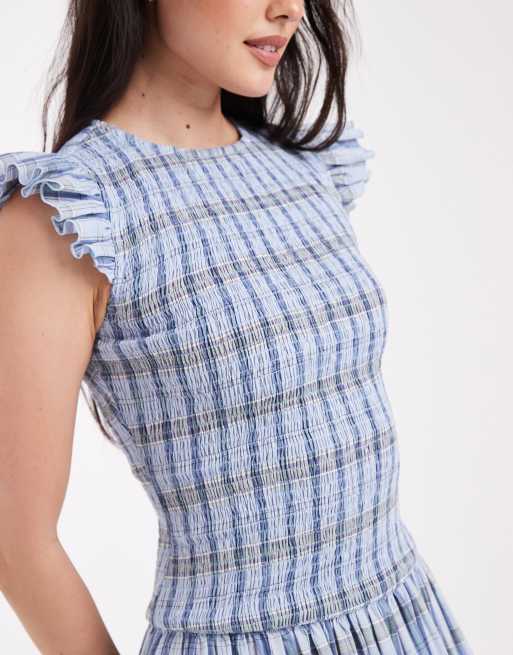 Daisy Street shirred bodice maxi dress with ruffle sleeve in blue check, 3 of 4