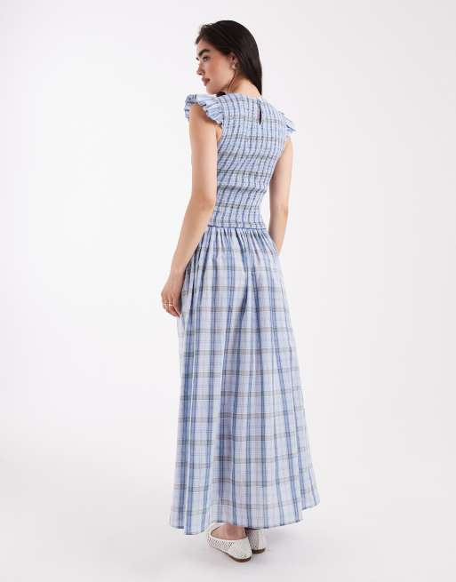 Daisy Street shirred bodice maxi dress with ruffle sleeve in blue check