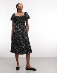 Daisy Street shirred body puff sleeve midi dress in white ditsy floral