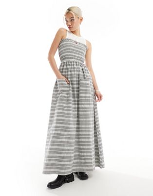Daisy Street Shirred Bust Maxi Dress In Textured Plaid With Rosette Detail-multi