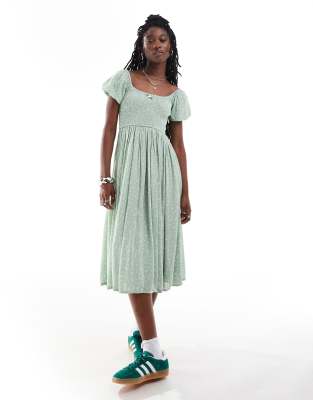 shirred bust midi smock dress in sage ditsy with rosette detail-Multi