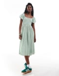 [Daisy Street] Daisy Street shirred bust midi smock dress in sage ditsy with rosette detail-Multi 8 Sage ditsy