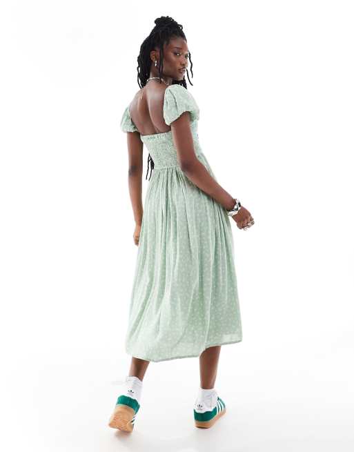 Daisy Street shirred bust midi smock dress in sage ditsy with