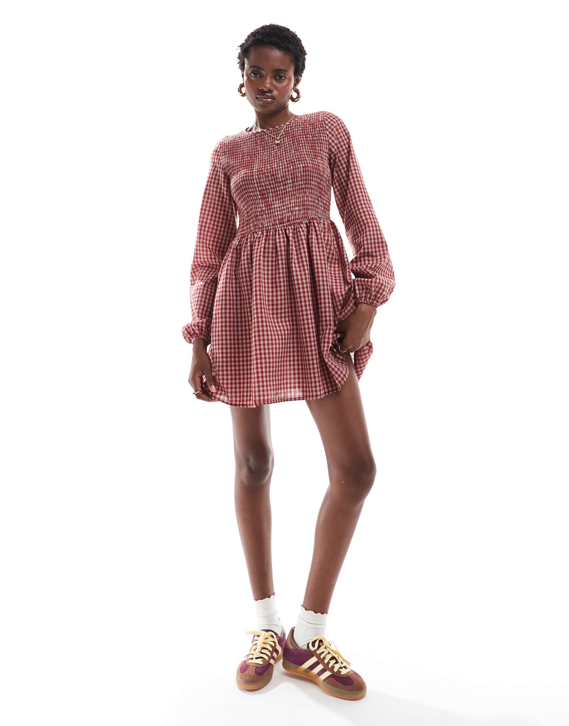 daisy street shirred detail mini smock dress in red natural gingham