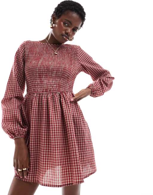 Red gingham smock dress sales