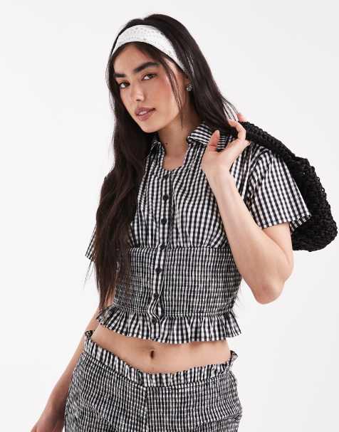 Daisy Street shirred detail shirt in black check co-ord - view 1
