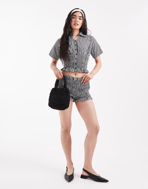 Daisy Street shirred detail shirt in black check co-ord, 2 of 4