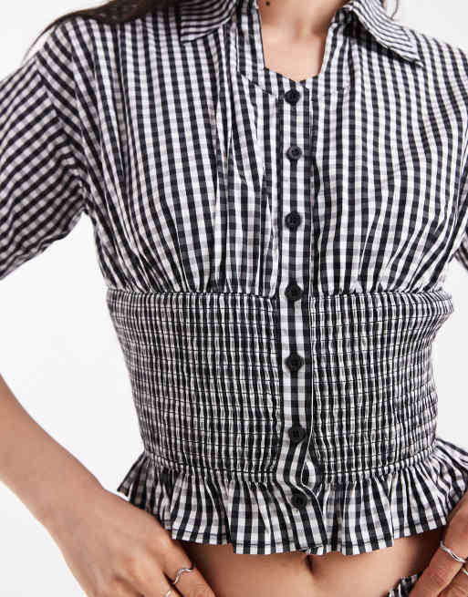 Daisy Street shirred detail shirt in black check co-ord, 3 of 4