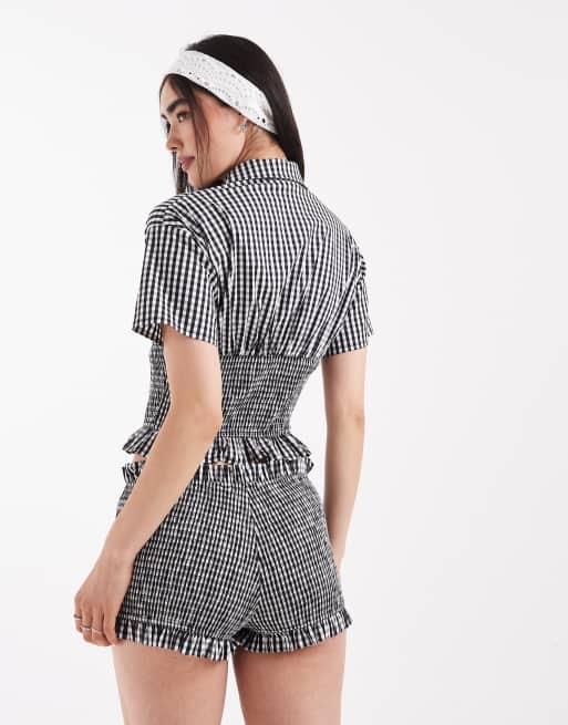 Daisy Street shirred detail shirt in black check co-ord, 4 of 4