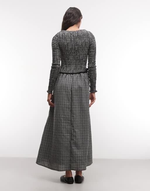 Daisy Street shirred drop waist maxi dress in black white check, 4 of 4