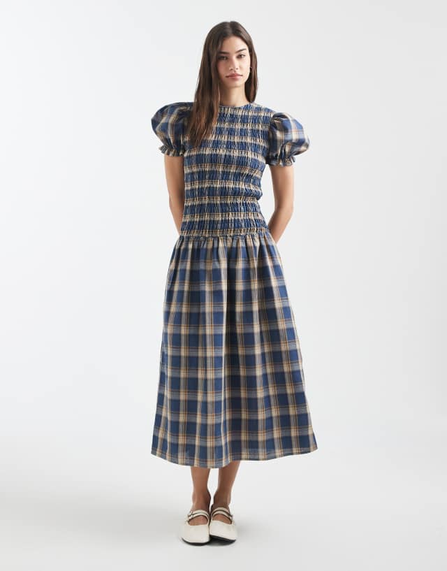 blue plaid maxi dress Baye Check Midi UK 8 Madiba Shirt Showcasing a square neckline Size:Us Size 4 Styling Spring and Summer