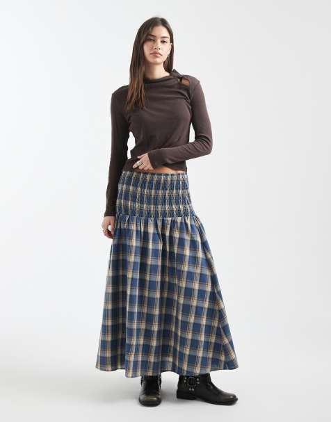 Daisy Street shirred drop waist maxi skirt in blue check
