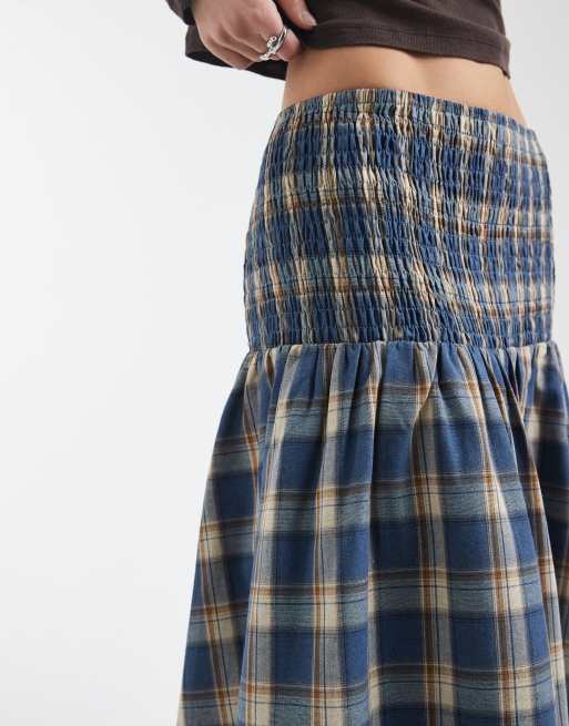 Daisy Street shirred drop waist maxi skirt in blue check, 2 of 5