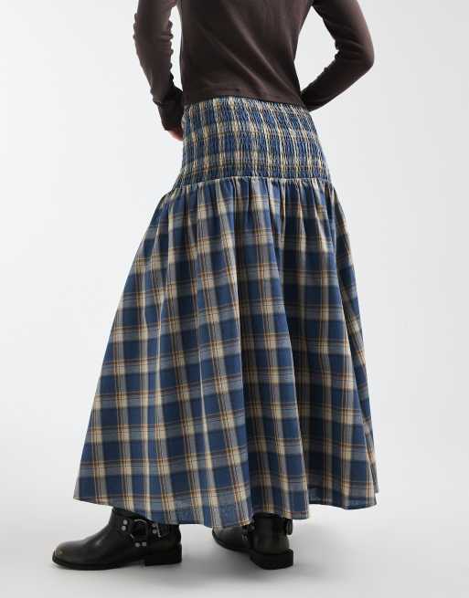 Daisy Street shirred drop waist maxi skirt in blue check, 3 of 5