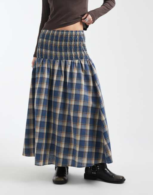 Daisy Street shirred drop waist maxi skirt in blue check, 4 of 5