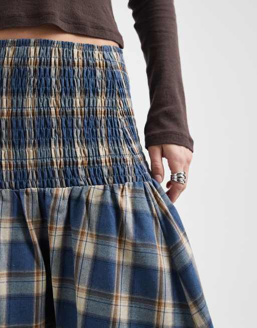 Daisy Street shirred drop waist maxi skirt in blue check, 5 of 5