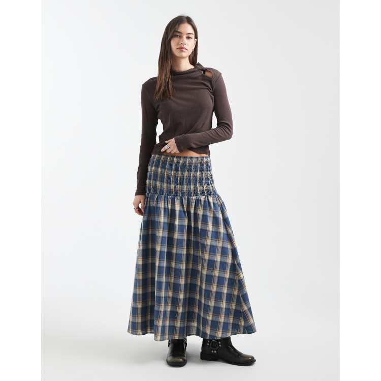 Daisy Street shirred drop waist maxi skirt in blue plaid | ASOS
