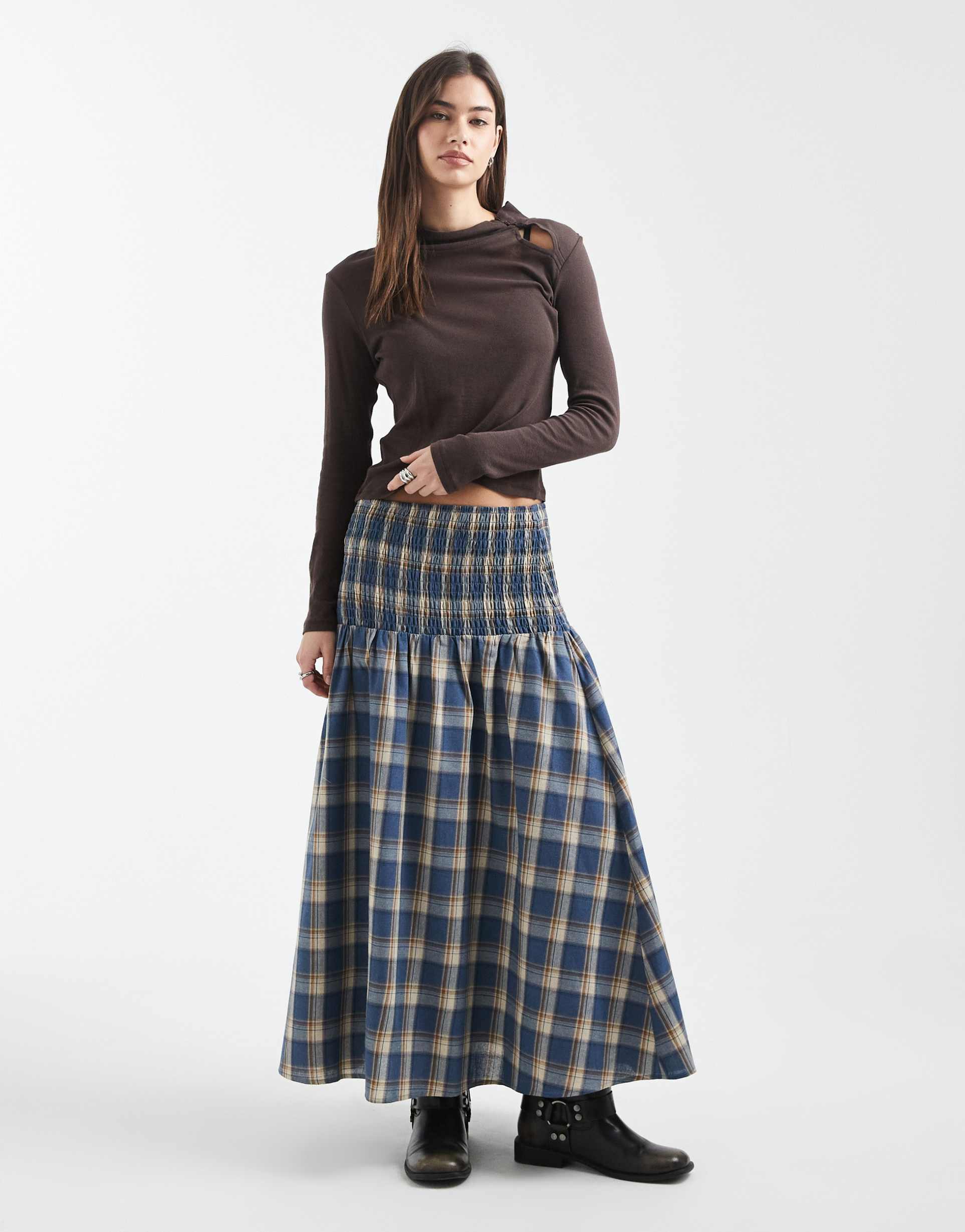 daisy street shirred drop waist maxi skirt in blue plaid