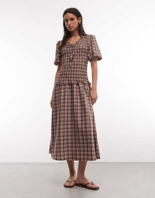 Daisy Street shirred drop waist midi dress with puff sleeves and