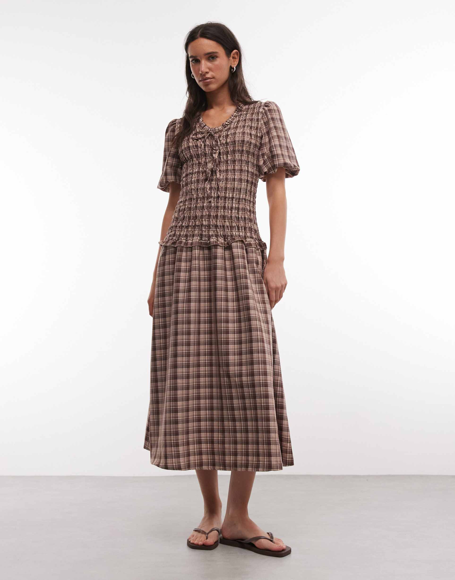 daisy street shirred drop waist midi dress with puff sleeves and tie front in brown check