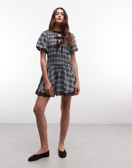 Daisy Street shirred drop waist mini dress with velvet bows in