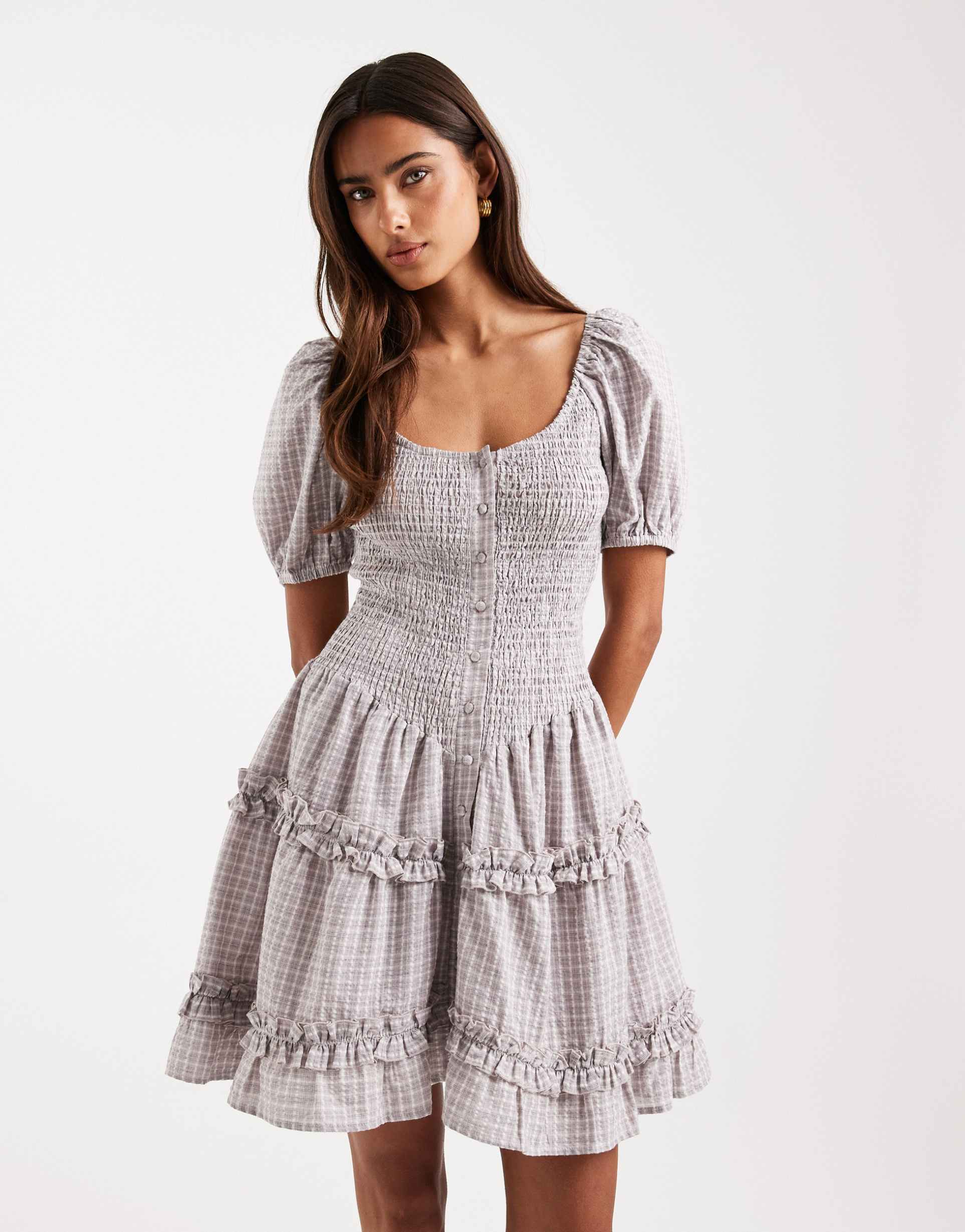daisy street shirred drop waist ruffle mini dress in light check