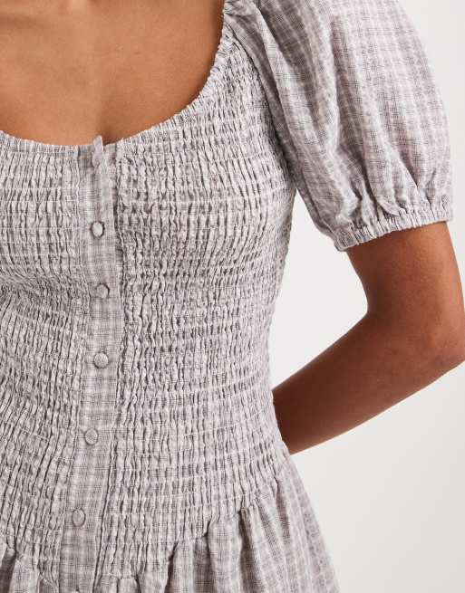 Daisy Street shirred drop waist ruffle mini dress in light check, 3 of 4