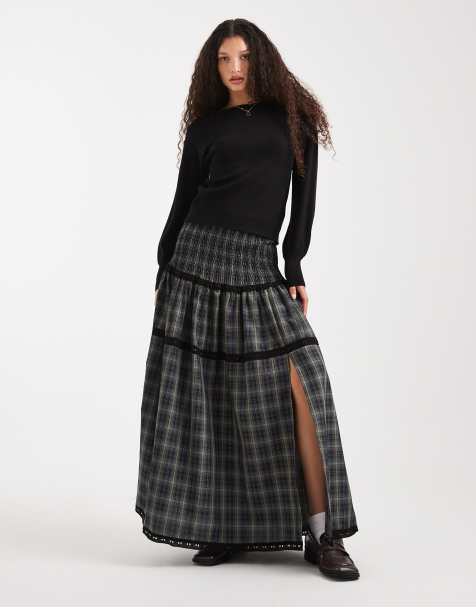Daisy Street shirred drop waist tiered maxi skirt in blue check - view 1