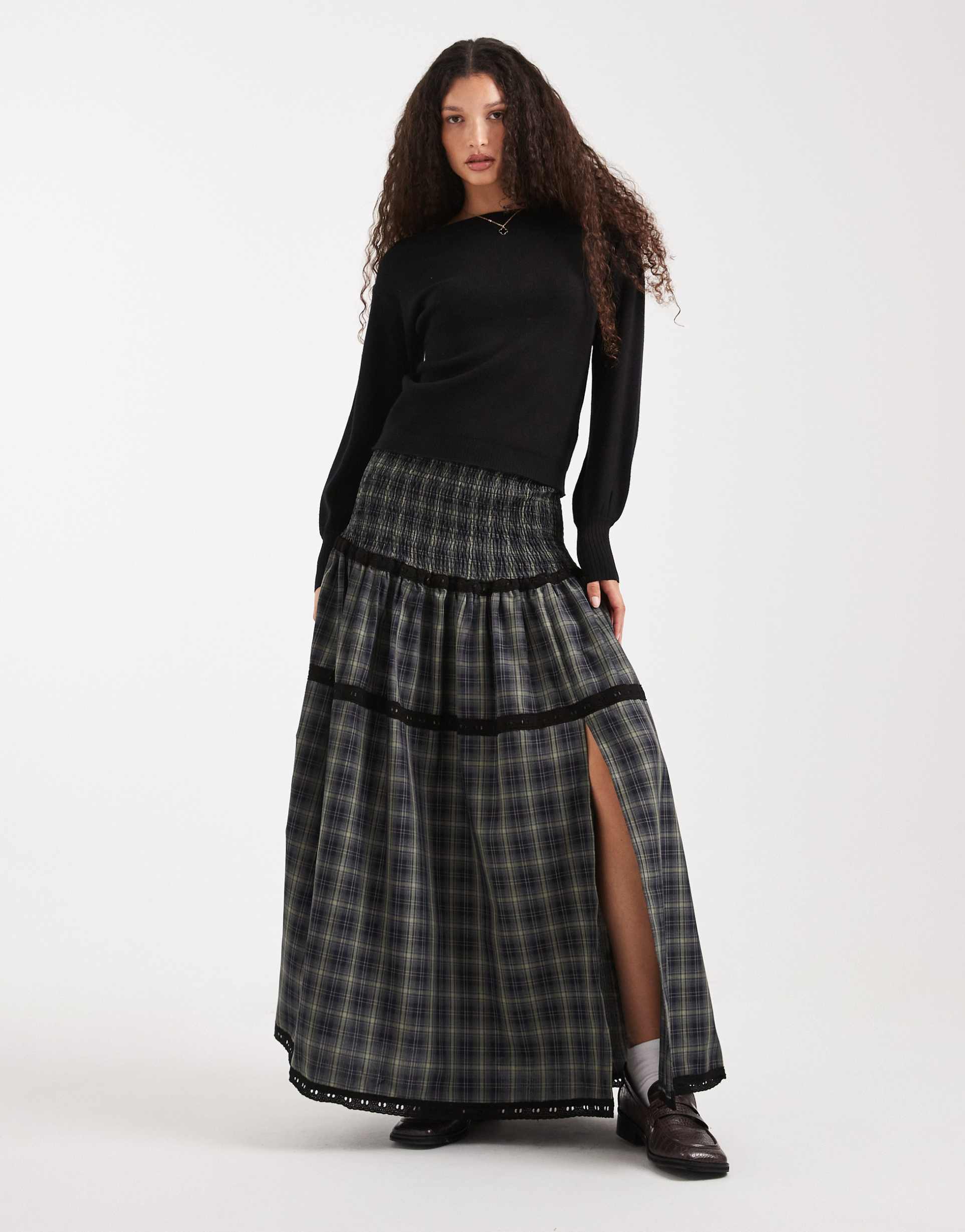 daisy street shirred drop waist tiered maxi skirt in blue check