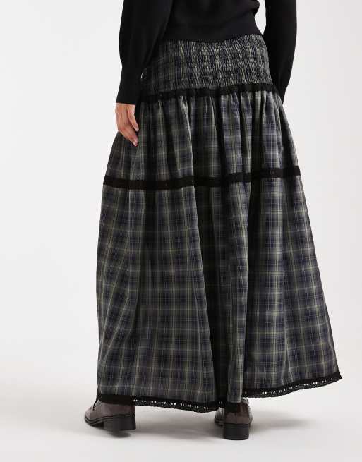Daisy Street shirred drop waist tiered maxi skirt in blue check, 3 of 5