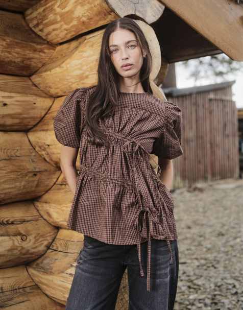Daisy Street shirred hemlock blouse with puff sleeve in brown orange check - view 1