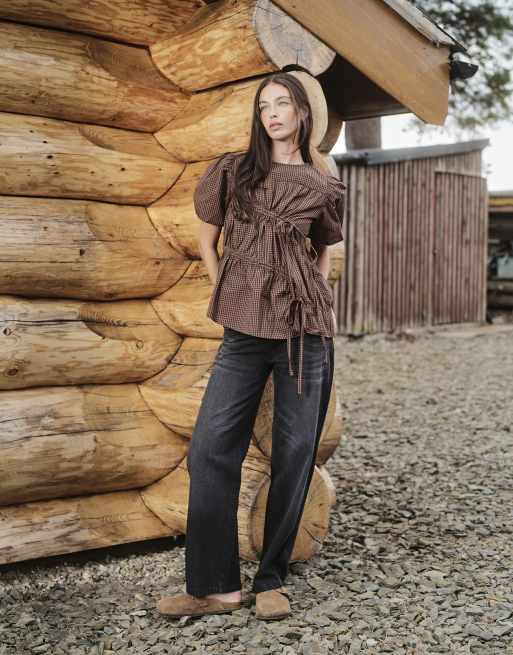 Daisy Street shirred hemlock blouse with puff sleeve in brown orange check, 2 of 4