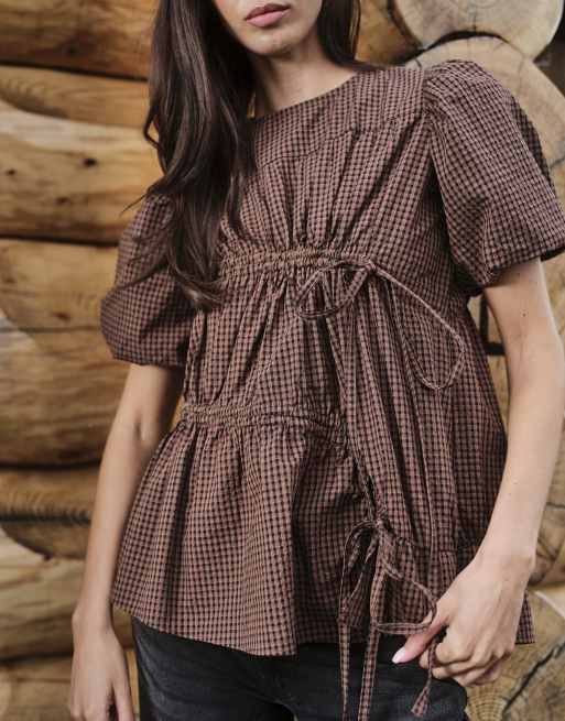 Daisy Street shirred hemlock blouse with puff sleeve in brown orange check, 3 of 4