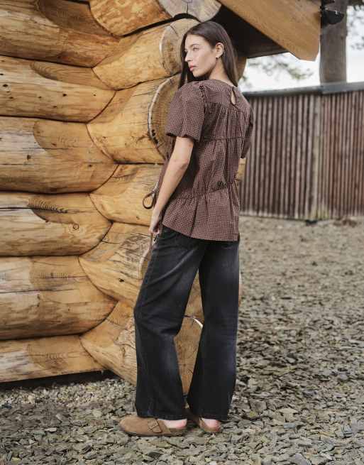 Daisy Street shirred hemlock blouse with puff sleeve in brown orange check, 4 of 4