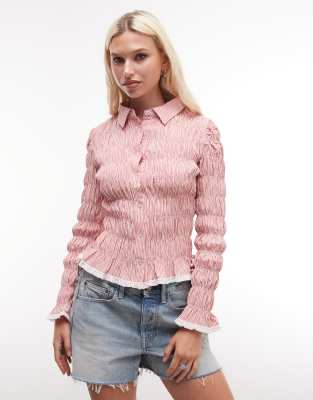 Daisy Street shirred long sleeve blouse in pink plaid | ASOS