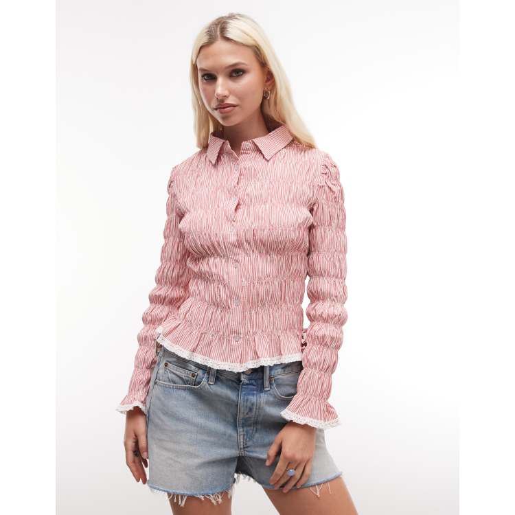 Daisy Street shirred long sleeve blouse in pink plaid | ASOS